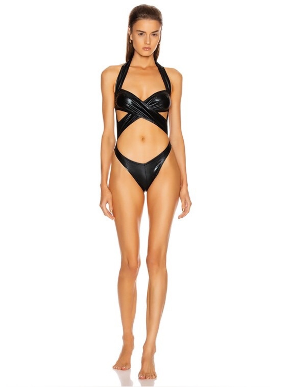 🔥NWT NORMA KAMALI High Leg Cross Over Mío Swimsuit BLACK FOIL